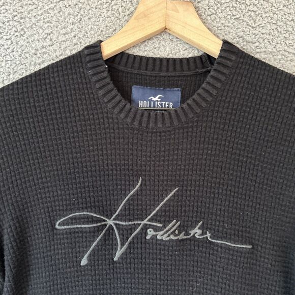 HOLLISTER Thermal Spell Out Shirt Mens Small Black Cursive Grunge Skater Y2K - Picture 2 of 13